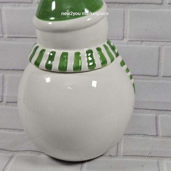 Snowman Cookie Jar Green and White w/Snowflake Scarf With Rubber Stopper 11"X6W. - Picture 3 of 13